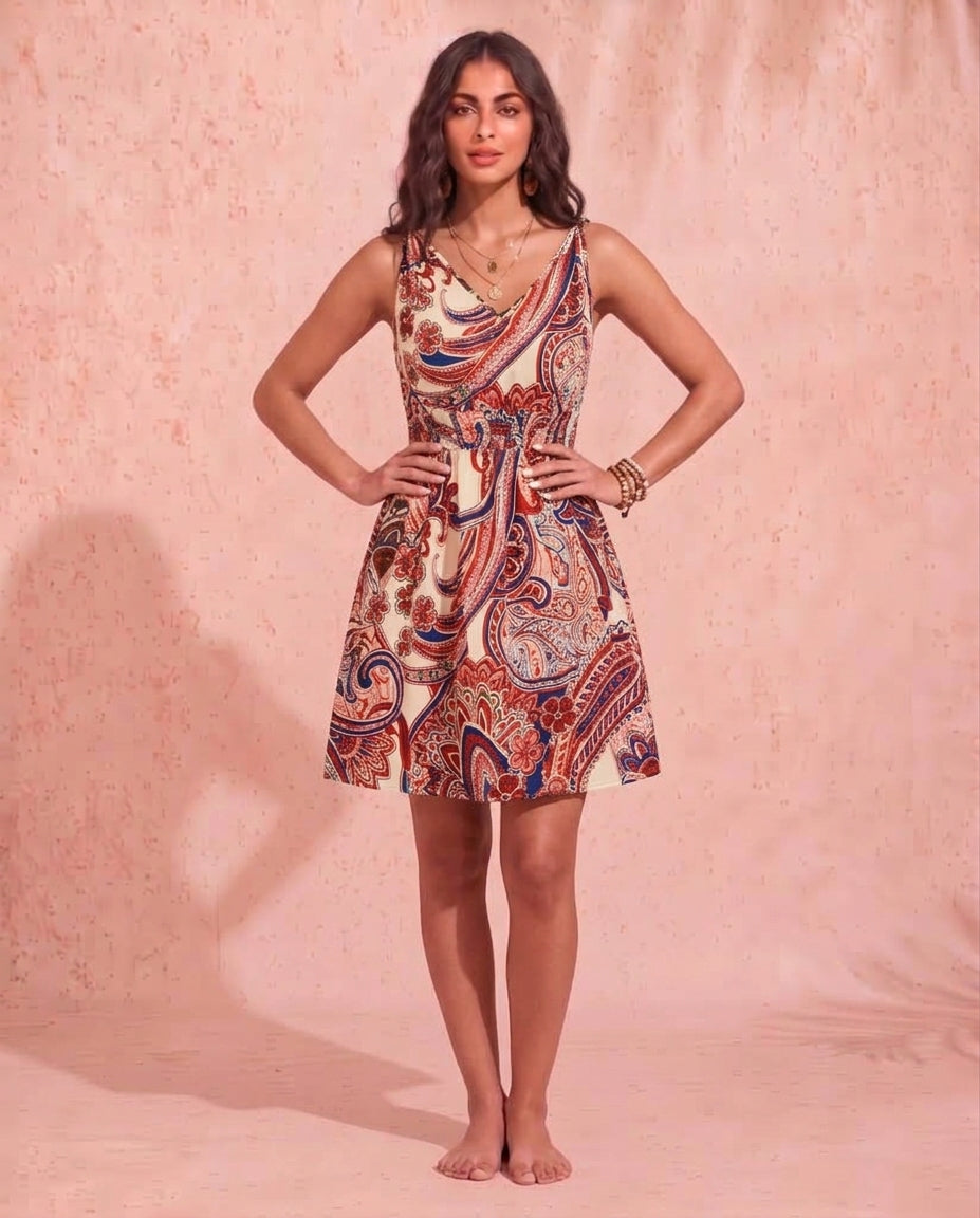 Smocked Printed V-Neck Mini Dress