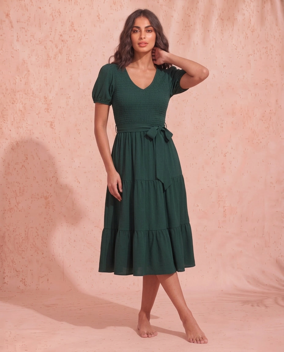 Smocked Tie Front Short Sleeve Tiered Dress