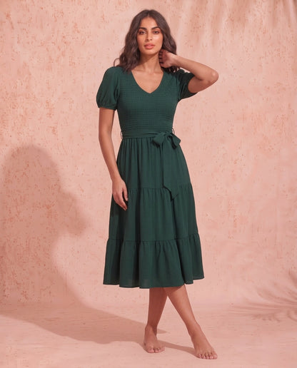 Smocked Tie Front Short Sleeve Tiered Dress