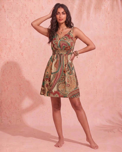 Smocked Printed V-Neck Mini Dress