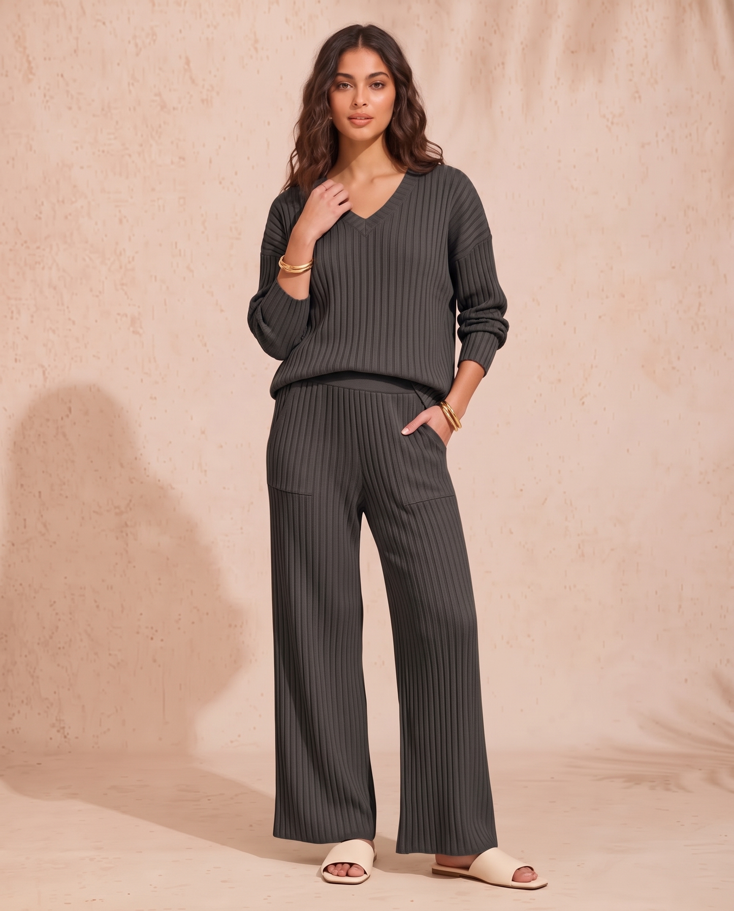 Ribbed Knit V-Neck Top and Pants Set