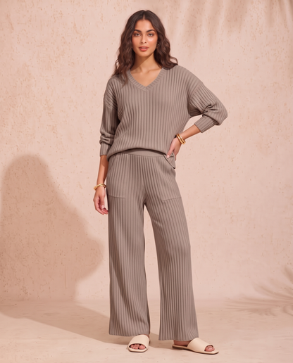 Ribbed Knit V-Neck Top and Pants Set