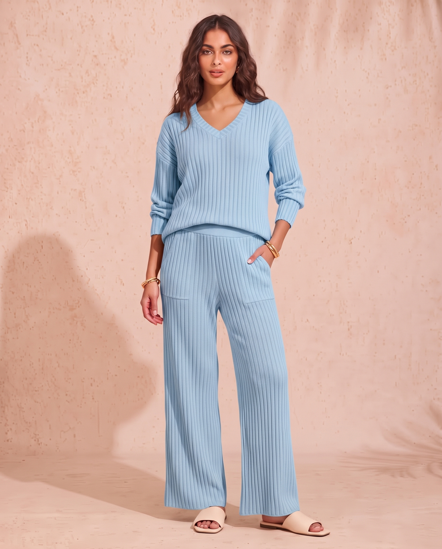 Ribbed Knit V-Neck Top and Pants Set