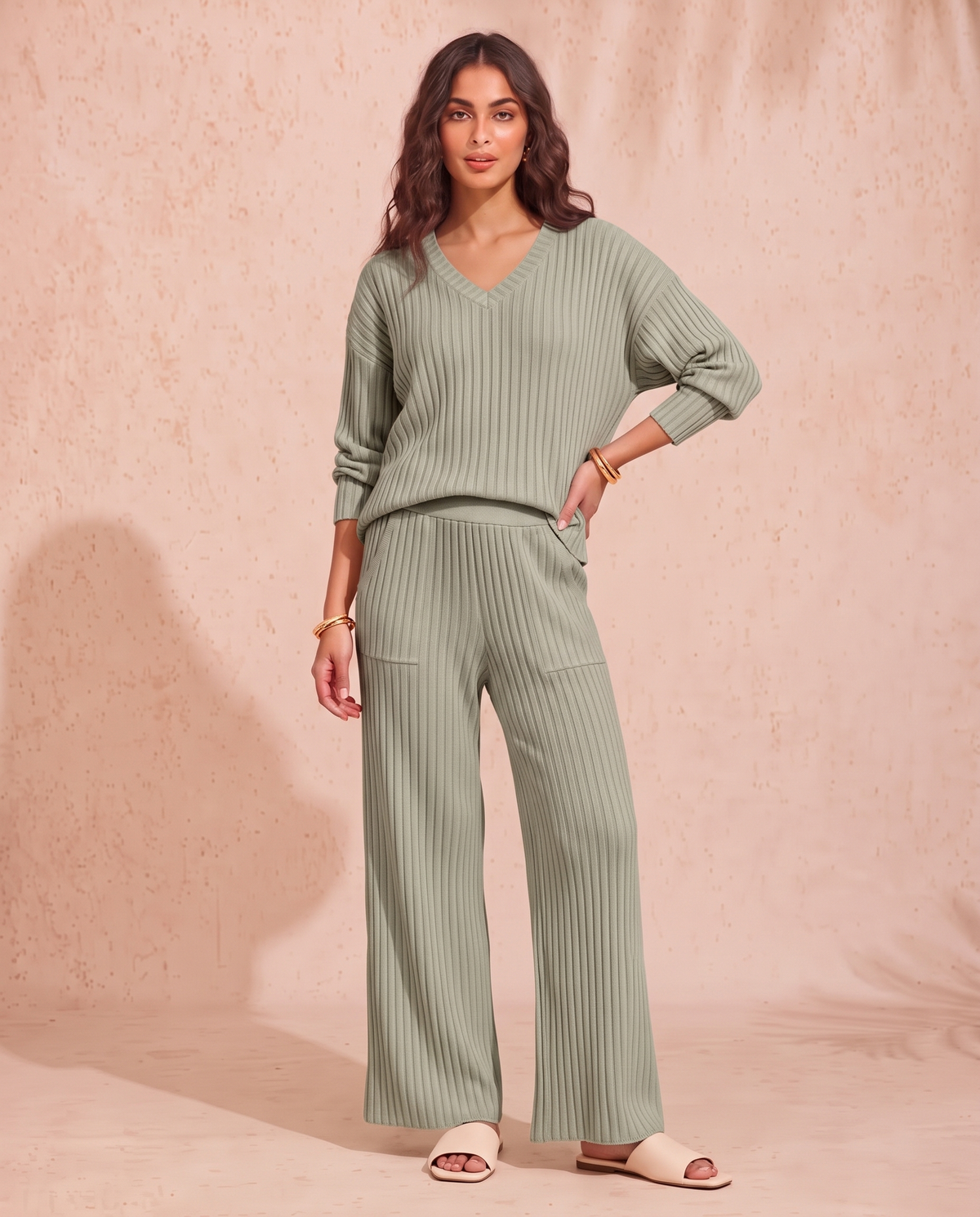 Ribbed Knit V-Neck Top and Pants Set