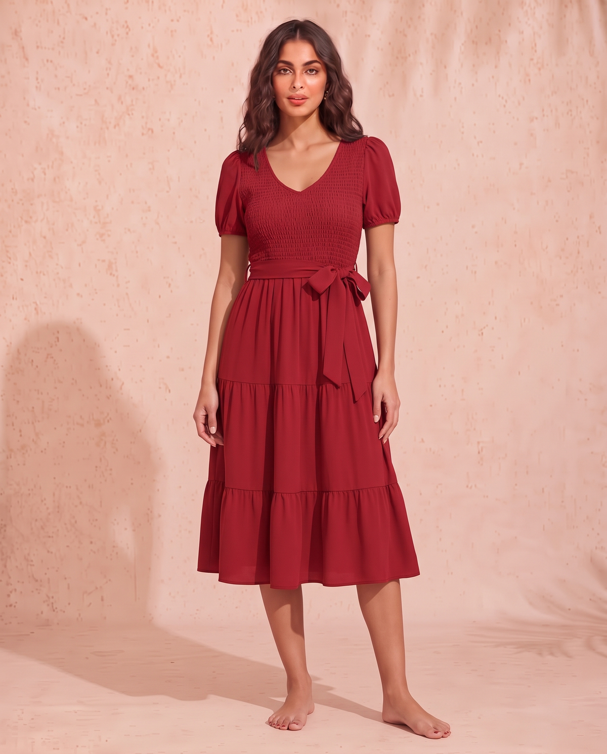 Smocked Tie Front Short Sleeve Tiered Dress