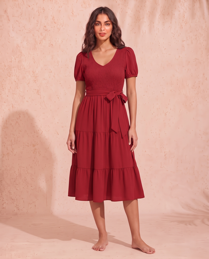 Smocked Tie Front Short Sleeve Tiered Dress