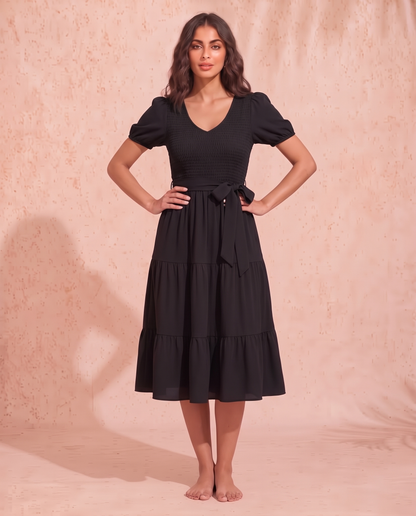 Smocked Tie Front Short Sleeve Tiered Dress