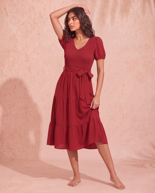Smocked Tie Front Short Sleeve Tiered Dress
