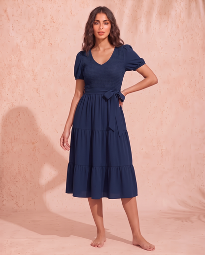 Smocked Tie Front Short Sleeve Tiered Dress